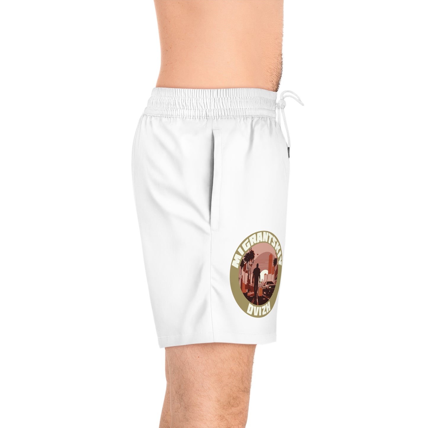Money Patch Swim Shorts — Mens Mid-Length Beach Trunks with Retro Emblem