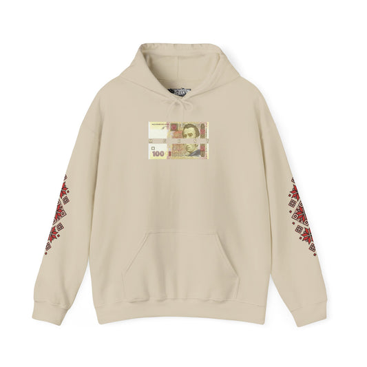 Ukrainian Pride Hoodie — Vyshyvanka Floral Sleeve & Independence Monument Design