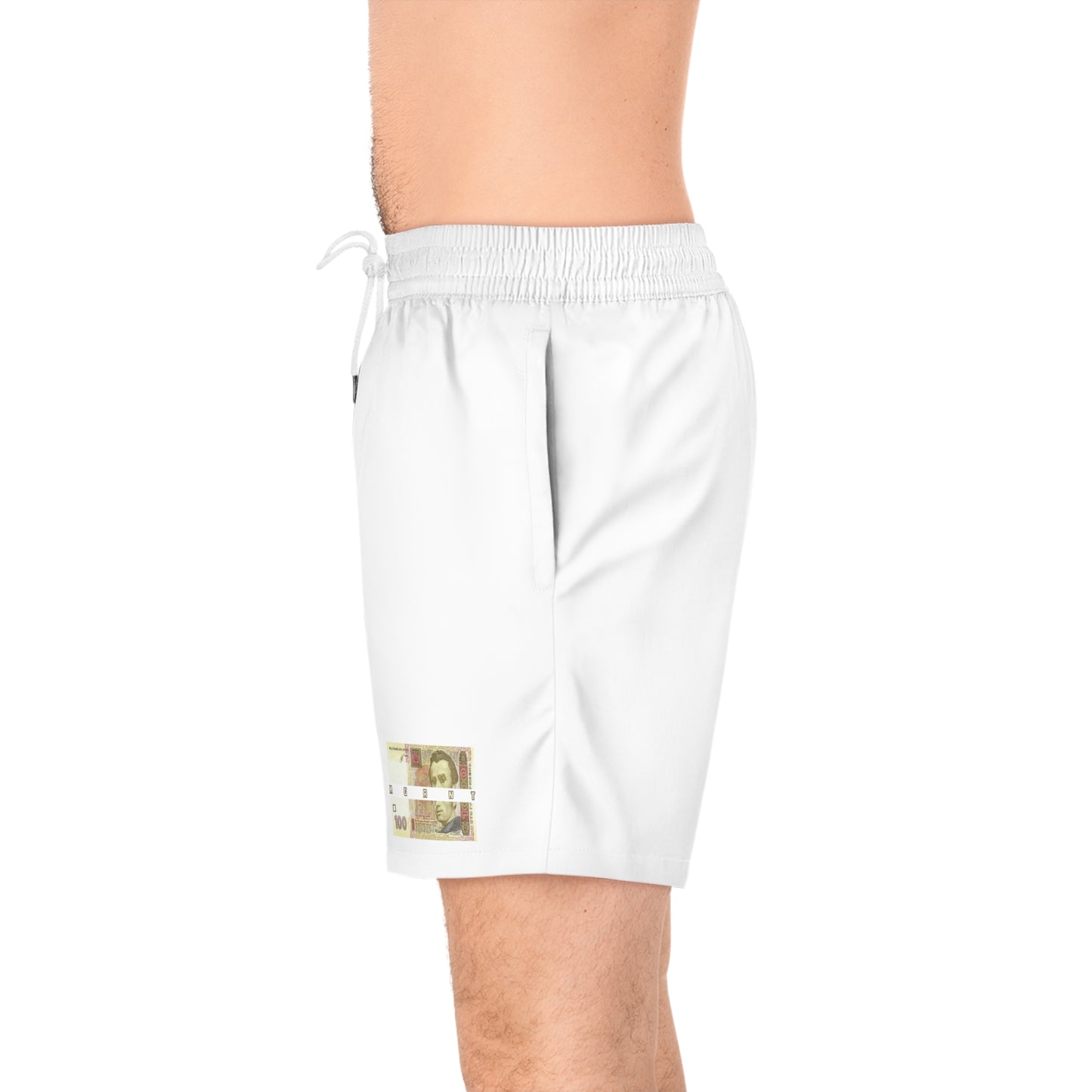 Money Patch Swim Shorts — Mens Mid-Length Beach Trunks with Retro Emblem