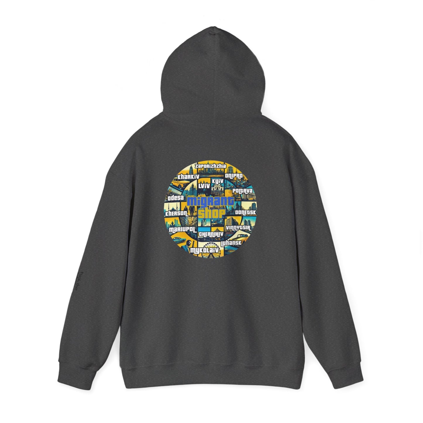 Hoodie • Circular 'Mugman Shop' Collage Logo Back — Minimal Chest Script