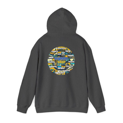 Hoodie • Circular 'Mugman Shop' Collage Logo Back — Minimal Chest Script