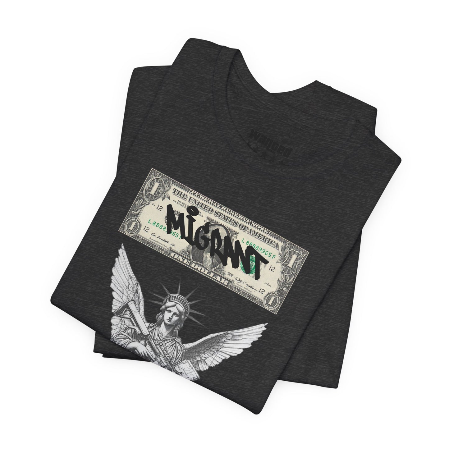Statue of Liberty Angel Tee — 'MIGRANTS' Dollar Graphic Short Sleeve