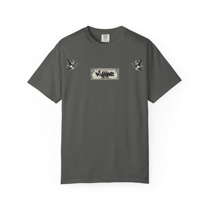 Graphic T‑Shirt — Vintage Photo Back with Red Graffiti "Religion Divides Us"