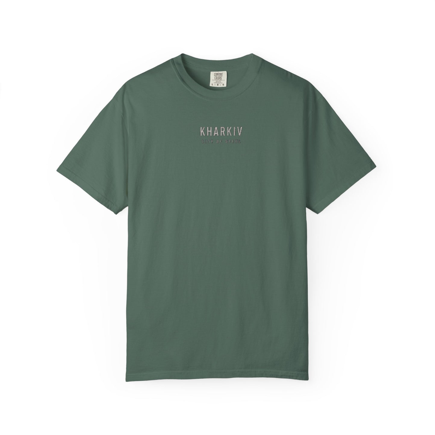 Kharkiv Cityscape T-Shirt — Vintage Garment-Dyed Tee with Skyline Backprint
