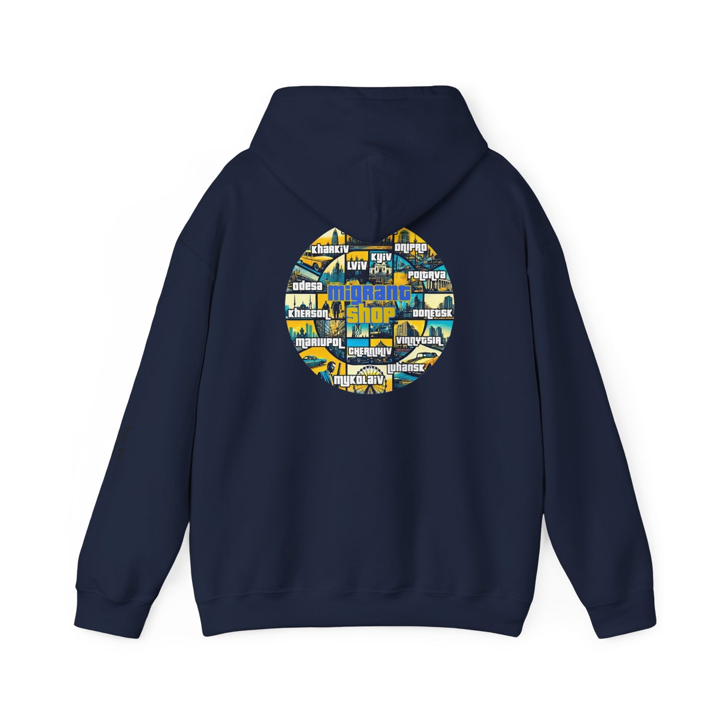 Hoodie • Circular 'Mugman Shop' Collage Logo Back — Minimal Chest Script