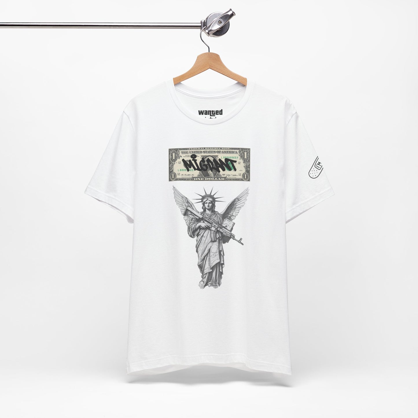 Statue of Liberty Angel Tee — 'MIGRANTS' Dollar Graphic Short Sleeve