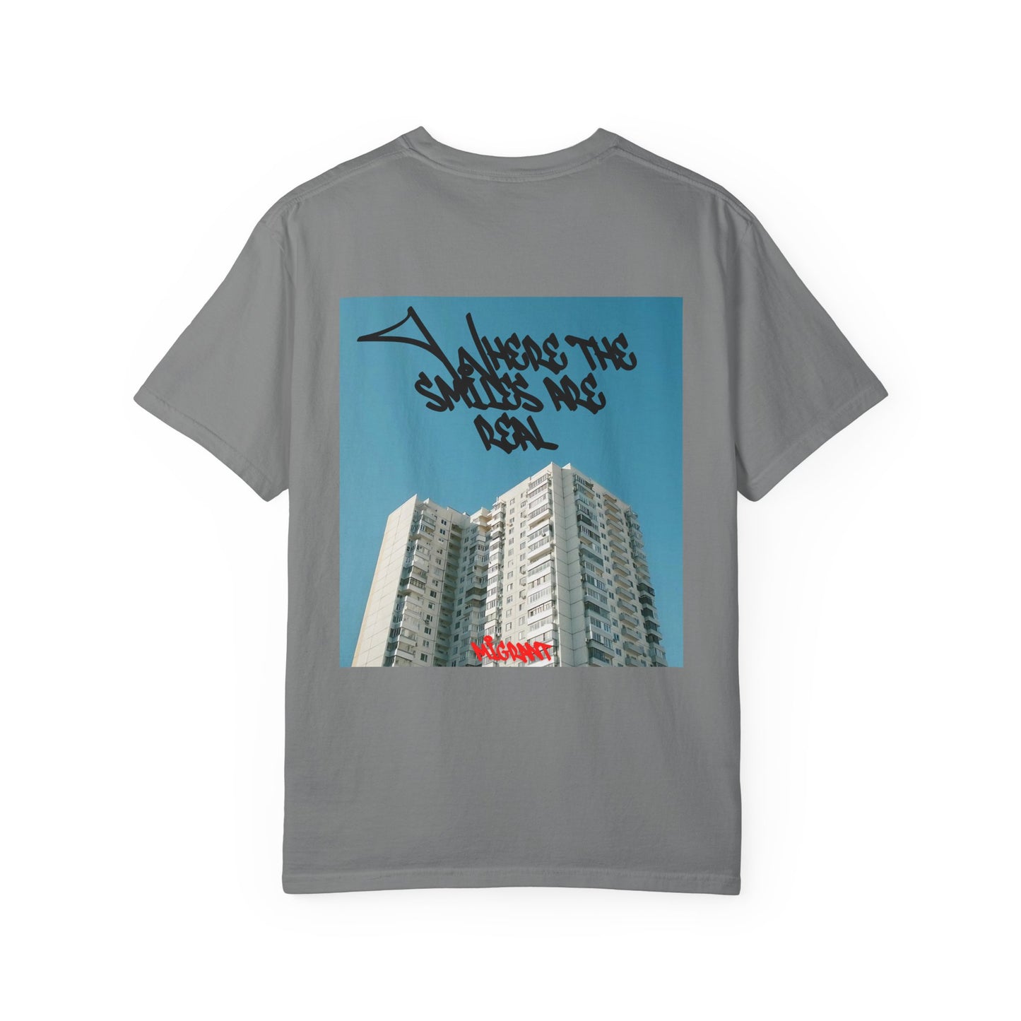 Photo Backprint T‑Shirt — Urban Graffiti 'Across the Skies Not Real' Streetwear