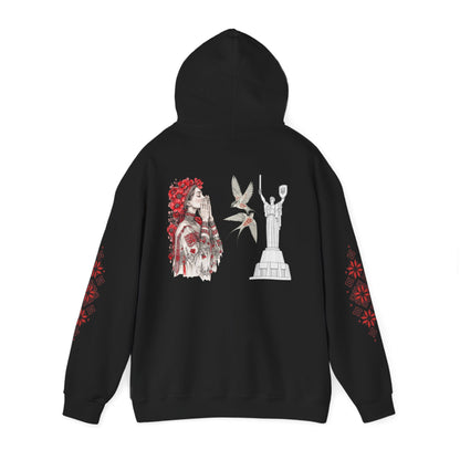 Ukrainian Pride Hoodie — Vyshyvanka Floral Sleeve & Independence Monument Design