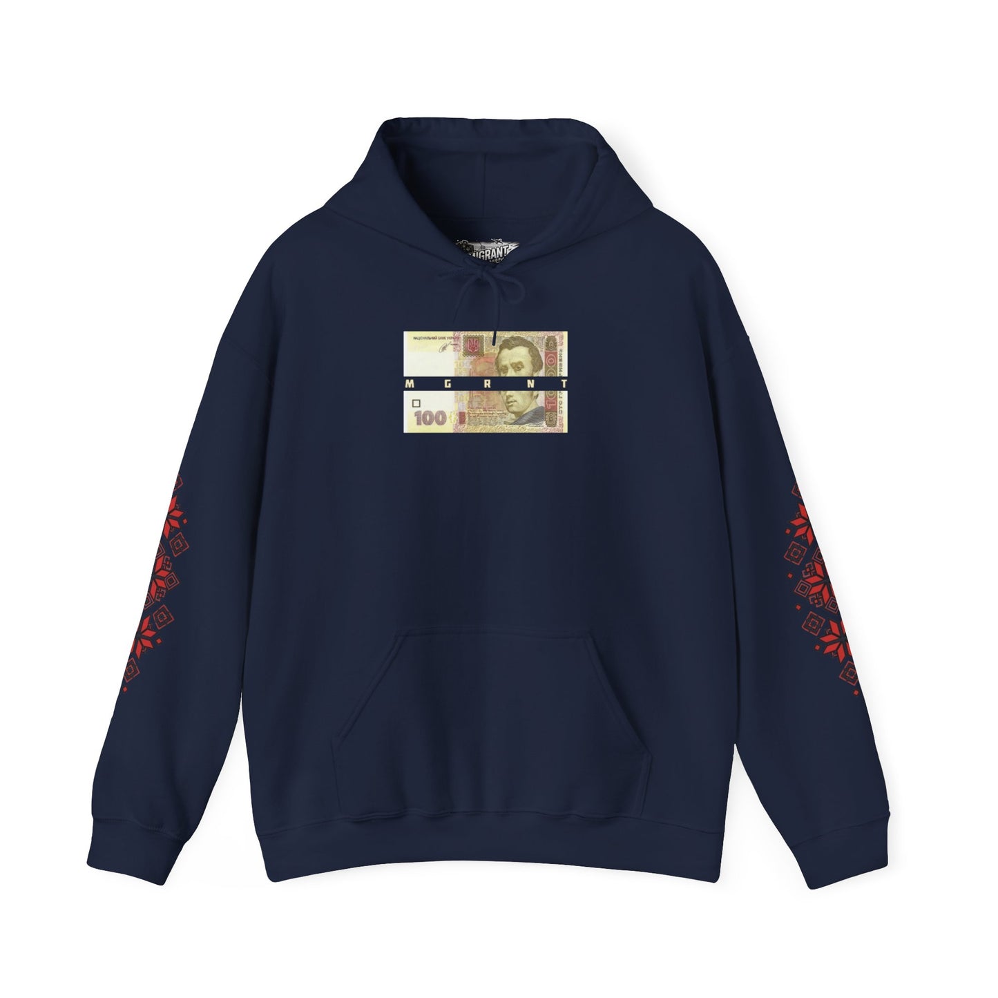 Ukrainian Pride Hoodie — Vyshyvanka Floral Sleeve & Independence Monument Design