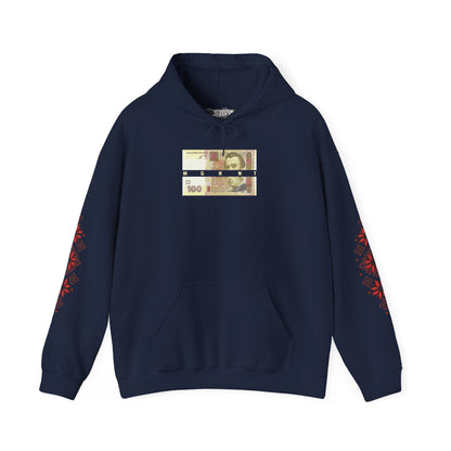 Ukrainian Pride Hoodie — Vyshyvanka Floral Sleeve & Independence Monument Design