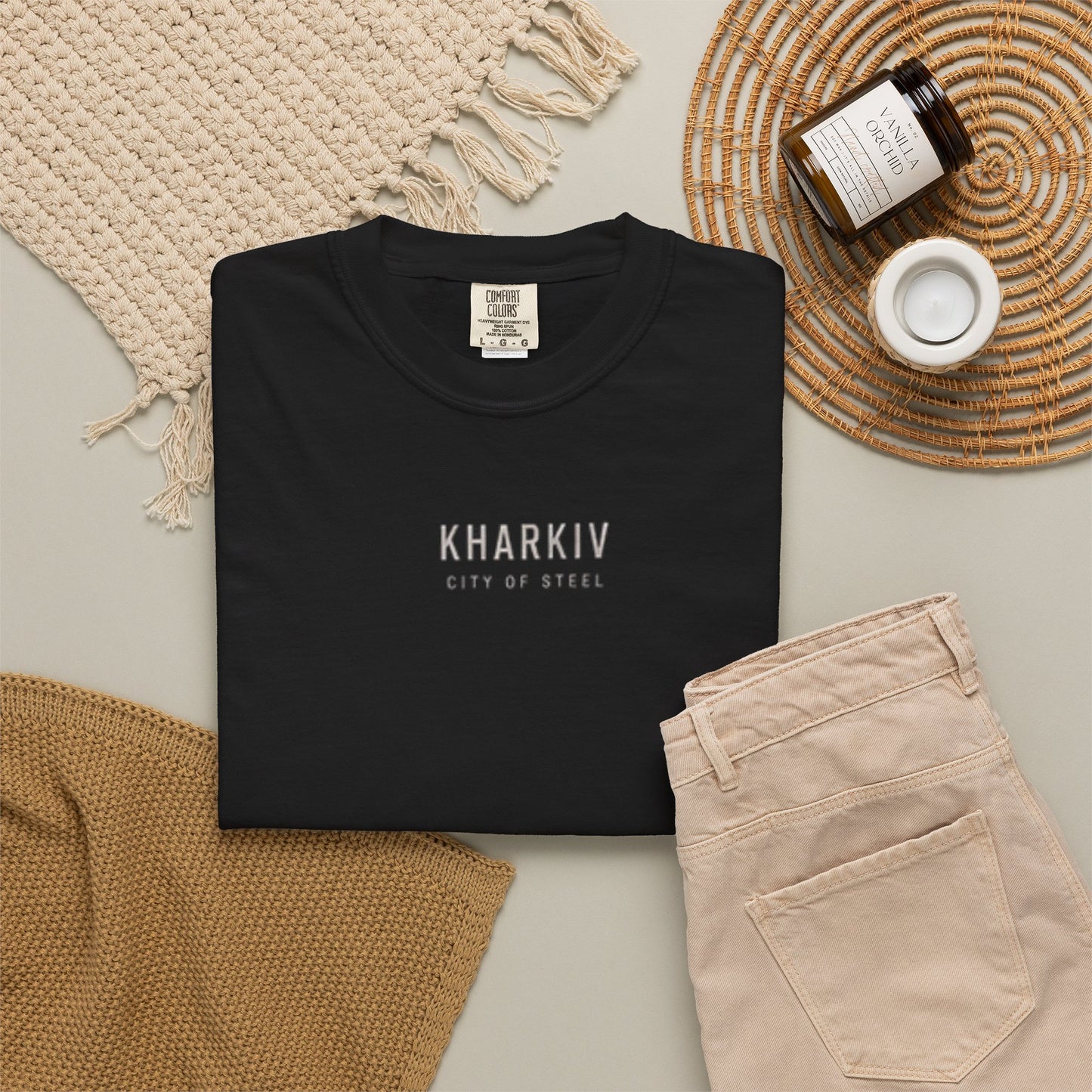Kharkiv Cityscape T-Shirt — Vintage Garment-Dyed Tee with Skyline Backprint