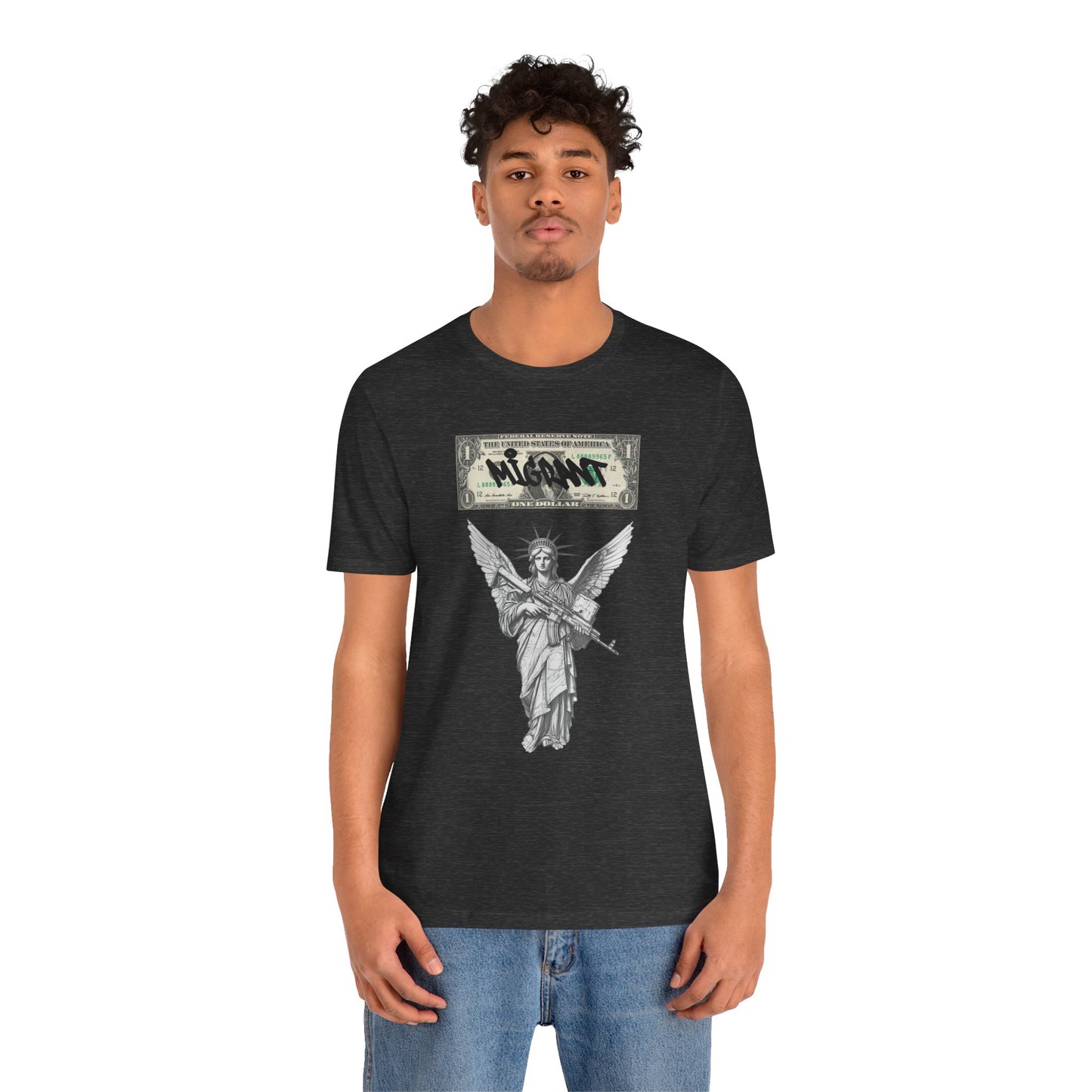 Statue of Liberty Angel Tee — 'MIGRANTS' Dollar Graphic Short Sleeve
