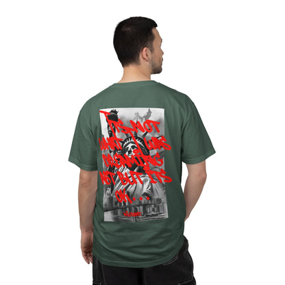T-Shirt — Statue of Liberty Graphic Tee with Red Script "I'm Not Worried" Back Print