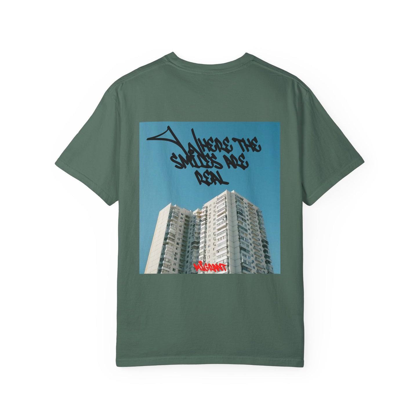 Photo Backprint T‑Shirt — Urban Graffiti 'Across the Skies Not Real' Streetwear