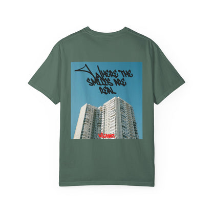 Photo Backprint T‑Shirt — Urban Graffiti 'Across the Skies Not Real' Streetwear