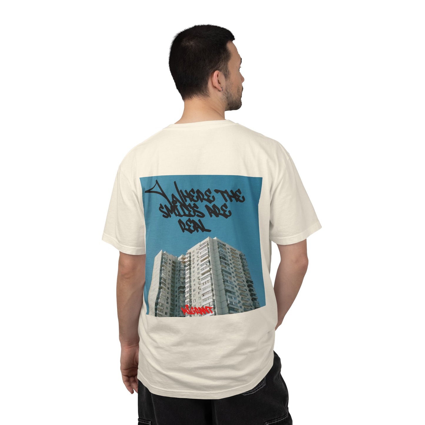 Photo Backprint T‑Shirt — Urban Graffiti 'Across the Skies Not Real' Streetwear