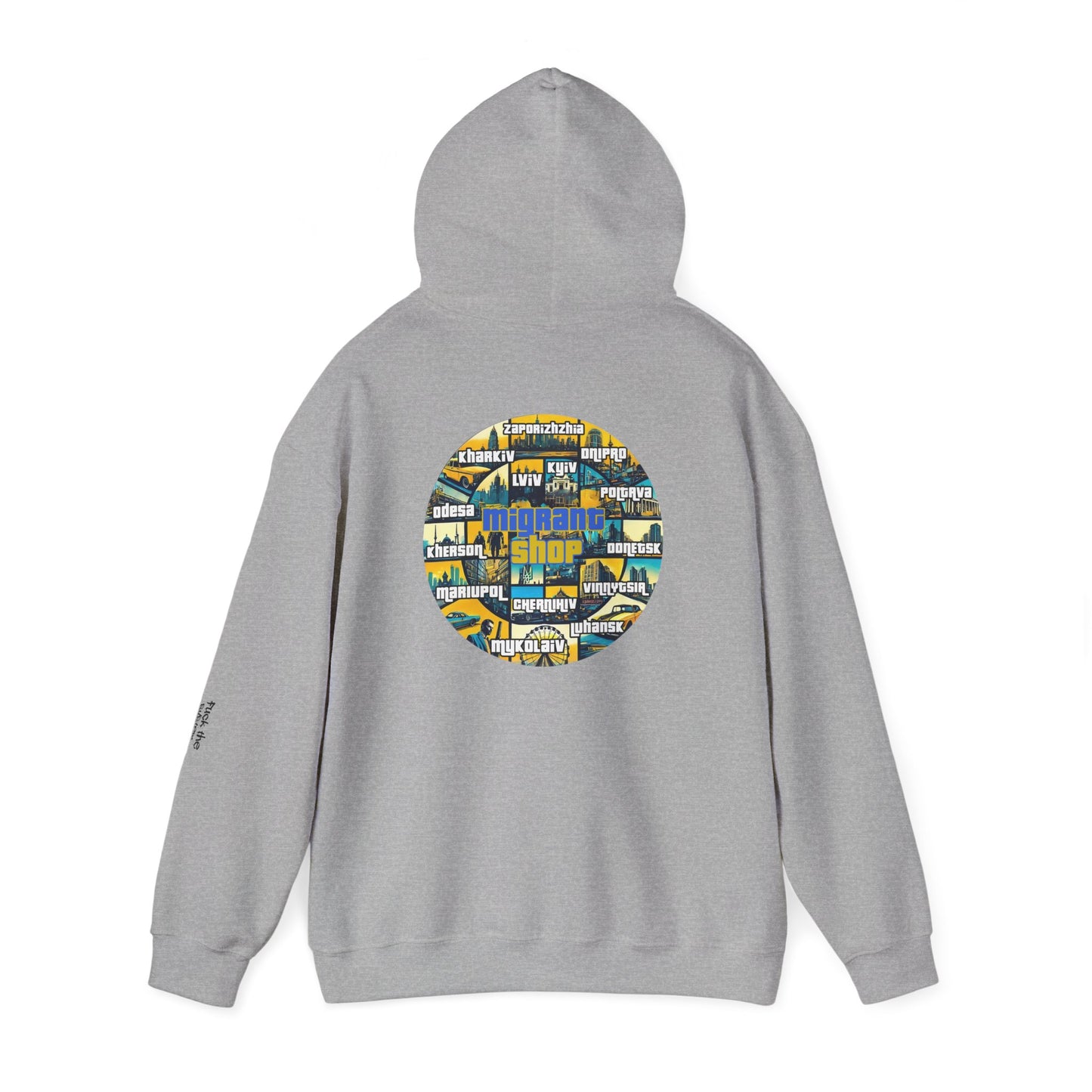 Hoodie • Circular 'Mugman Shop' Collage Logo Back — Minimal Chest Script