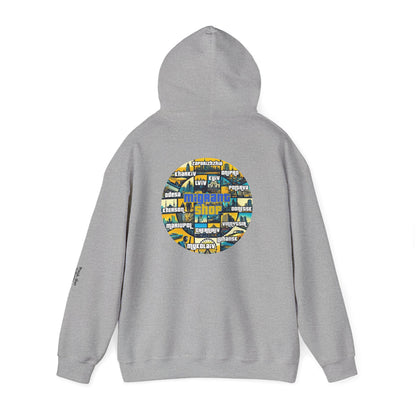 Hoodie • Circular 'Mugman Shop' Collage Logo Back — Minimal Chest Script