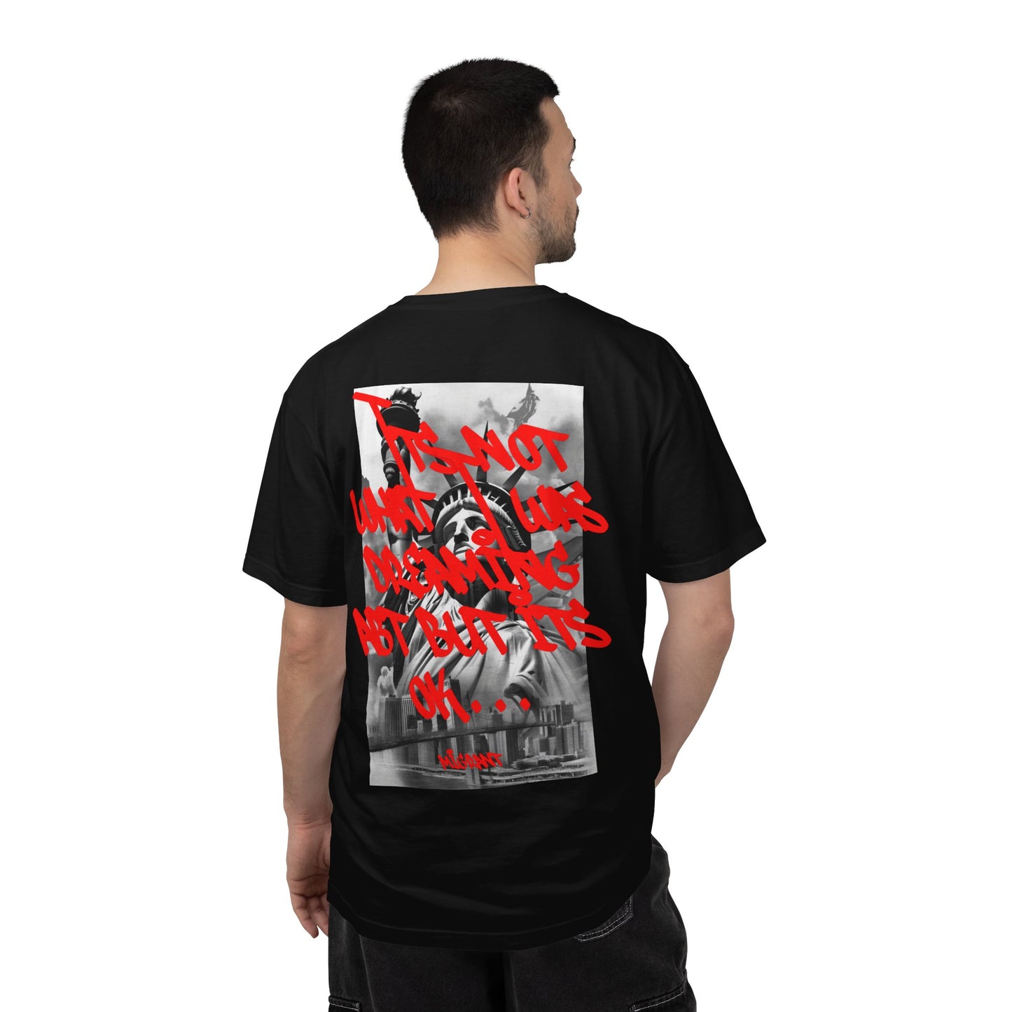T-Shirt — Statue of Liberty Graphic Tee with Red Script "I'm Not Worried" Back Print