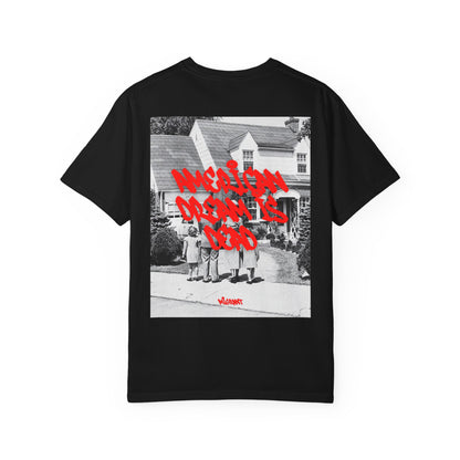 Graphic T‑Shirt — Vintage Photo Back with Red Graffiti "Religion Divides Us"