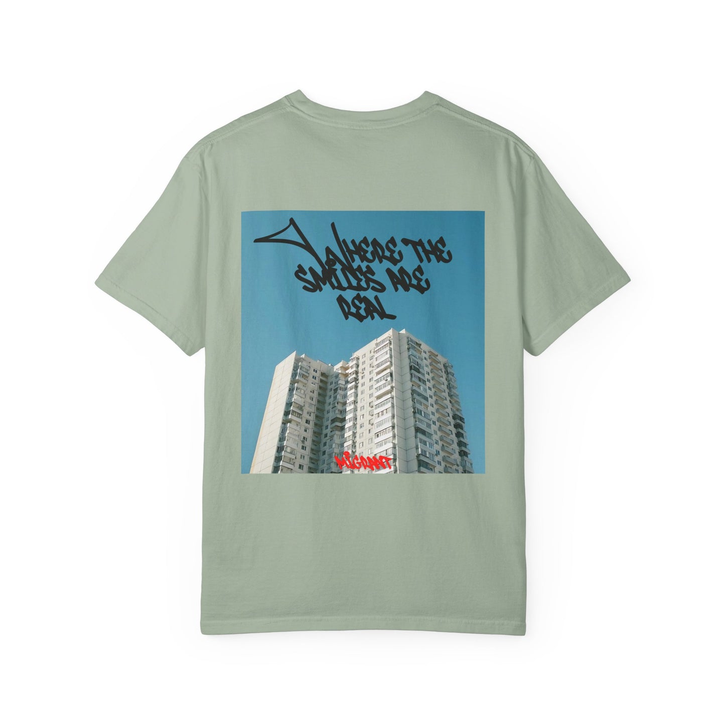 Photo Backprint T‑Shirt — Urban Graffiti 'Across the Skies Not Real' Streetwear