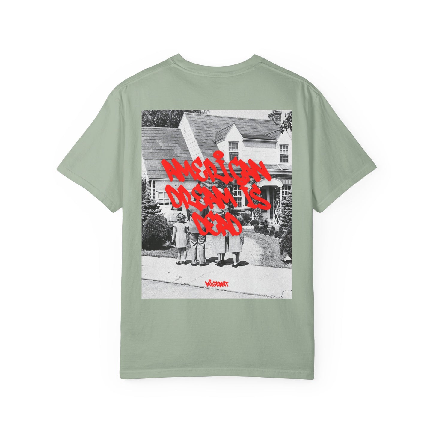 Graphic T‑Shirt — Vintage Photo Back with Red Graffiti "Religion Divides Us"