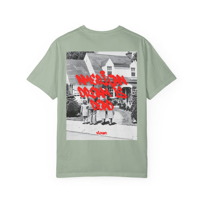 Graphic T‑Shirt — Vintage Photo Back with Red Graffiti "Religion Divides Us"