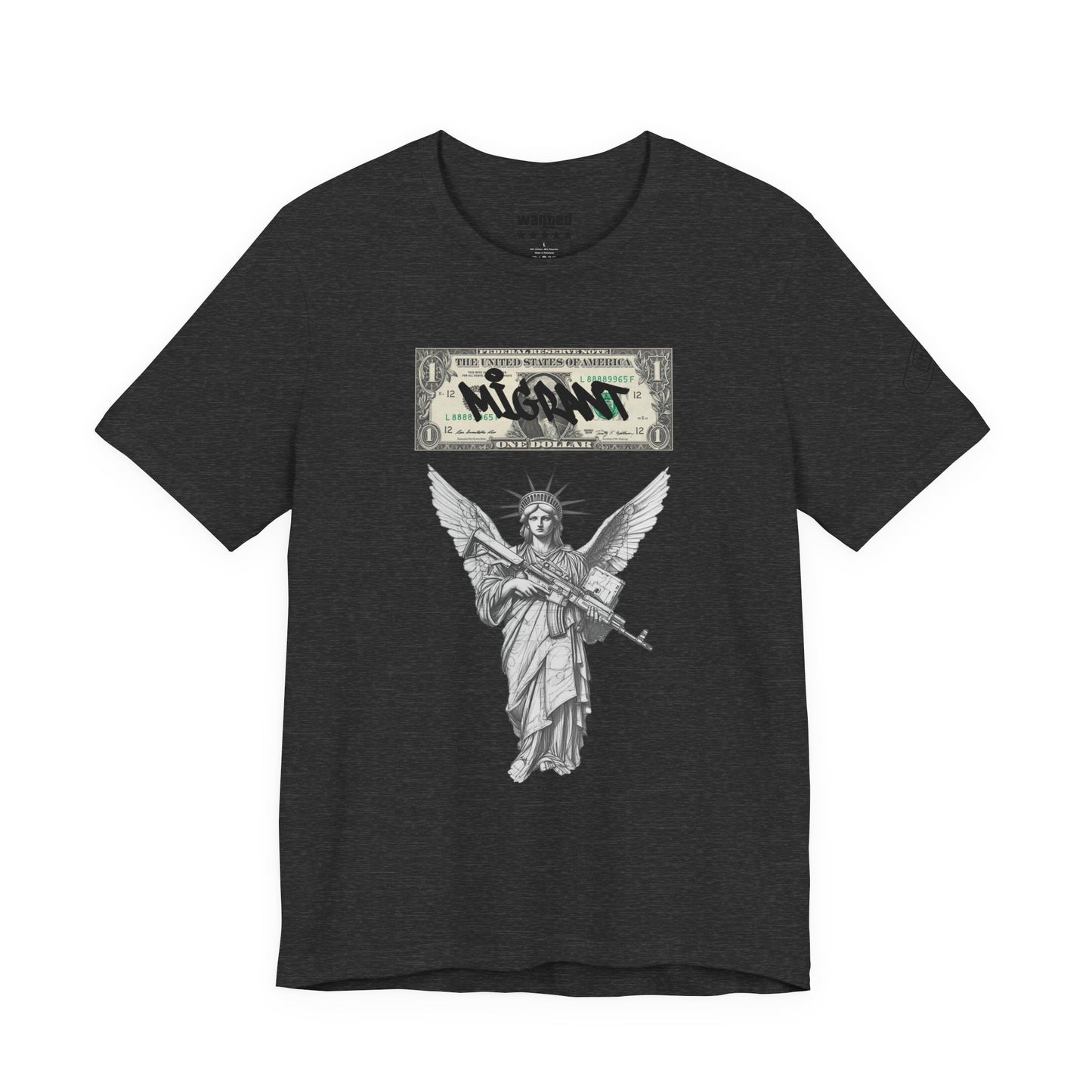Statue of Liberty Angel Tee — 'MIGRANTS' Dollar Graphic Short Sleeve