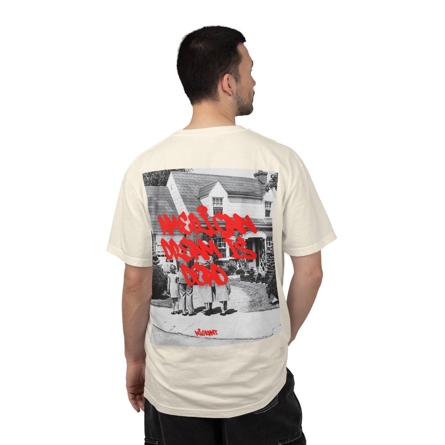 Graphic T‑Shirt — Vintage Photo Back with Red Graffiti "Religion Divides Us"
