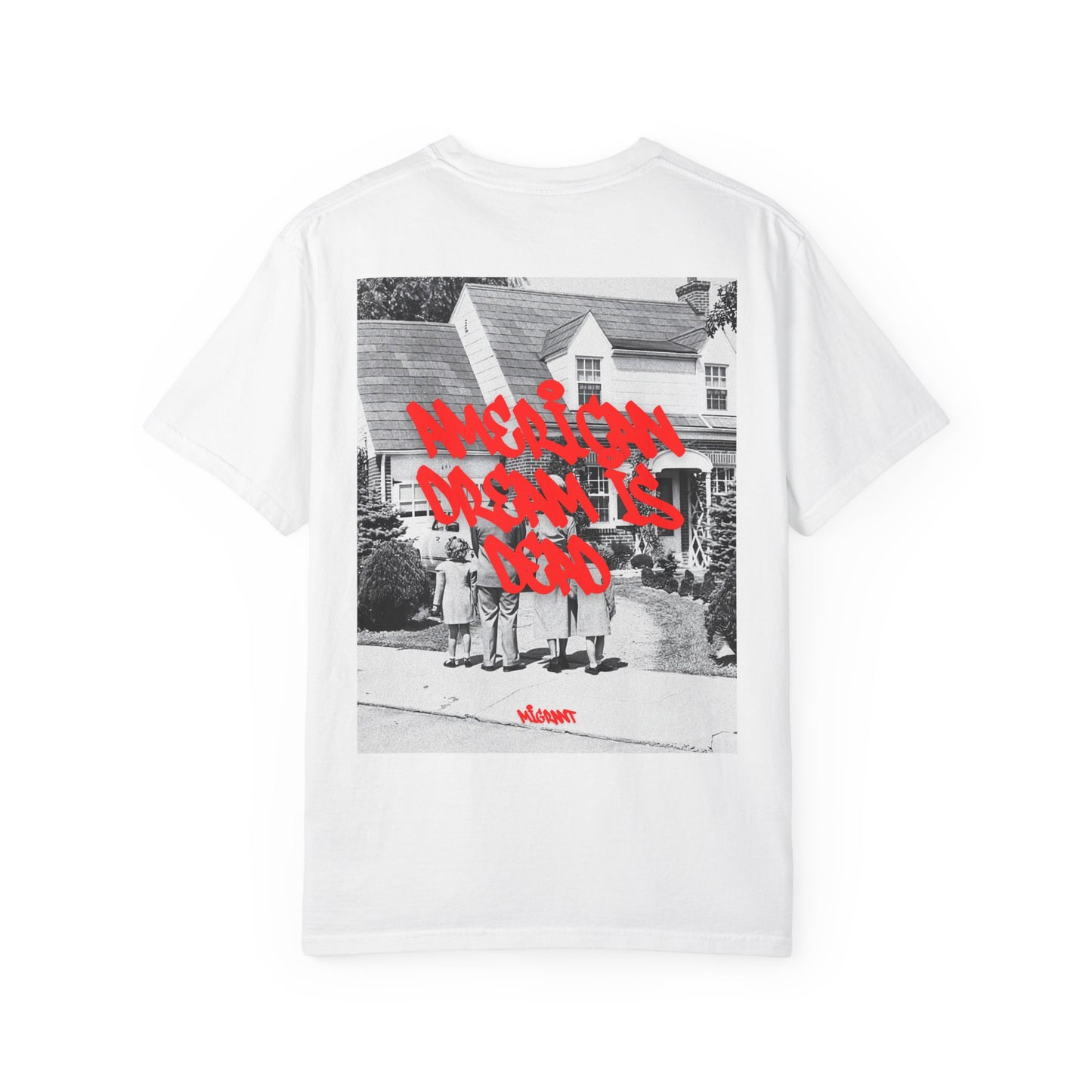 Graphic T‑Shirt — Vintage Photo Back with Red Graffiti "Religion Divides Us"