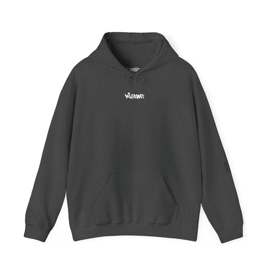 Hoodie • Circular 'Mugman Shop' Collage Logo Back — Minimal Chest Script