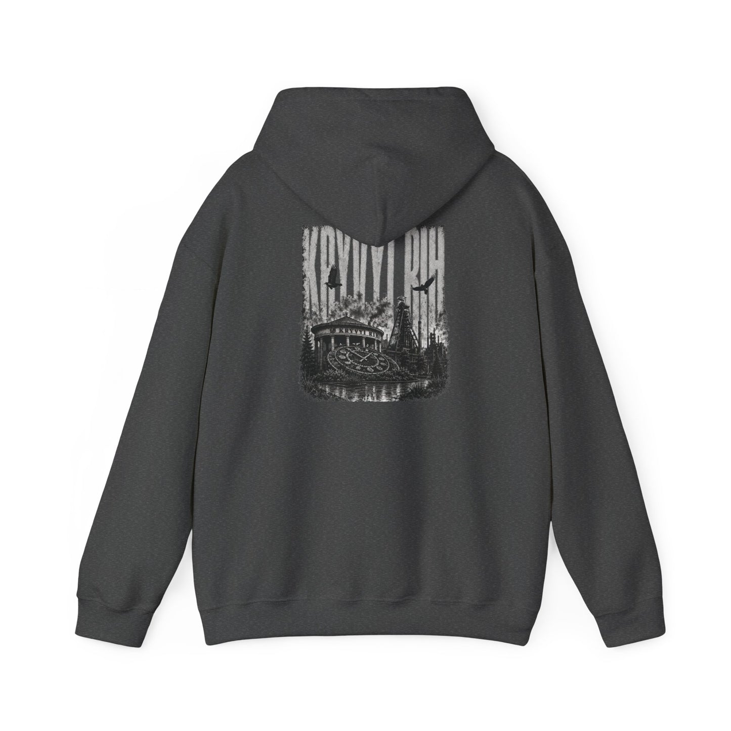Hoodie — "Kryvyi Rih" Memorial Black Pullover with Cityscape Back Print