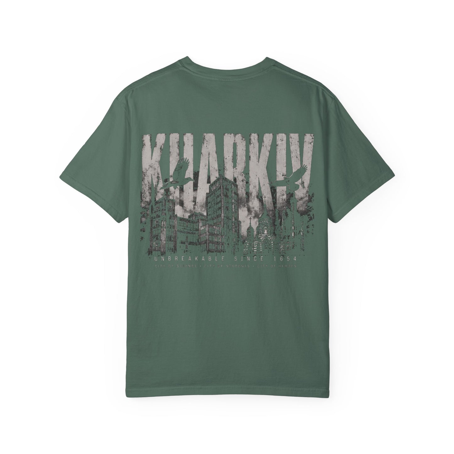 Kharkiv Cityscape T-Shirt — Vintage Garment-Dyed Tee with Skyline Backprint