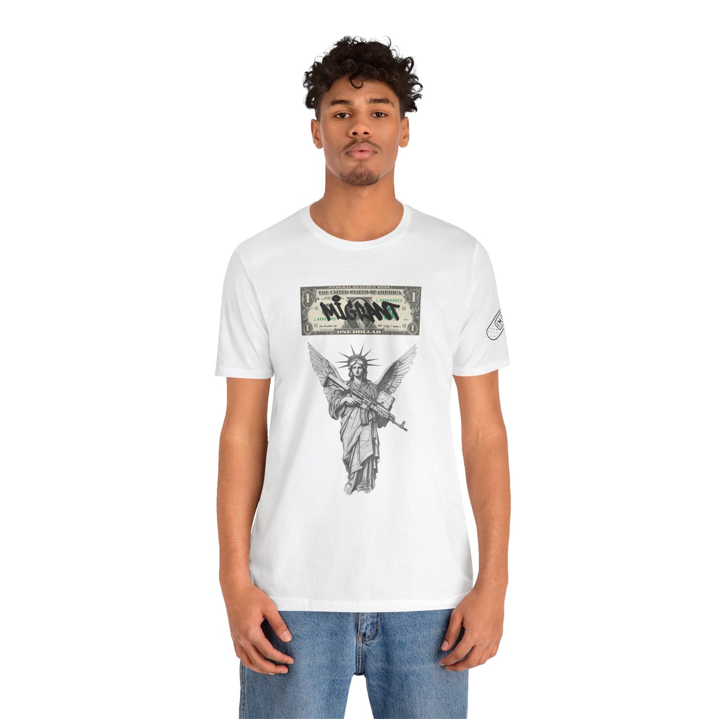Statue of Liberty Angel Tee — 'MIGRANTS' Dollar Graphic Short Sleeve