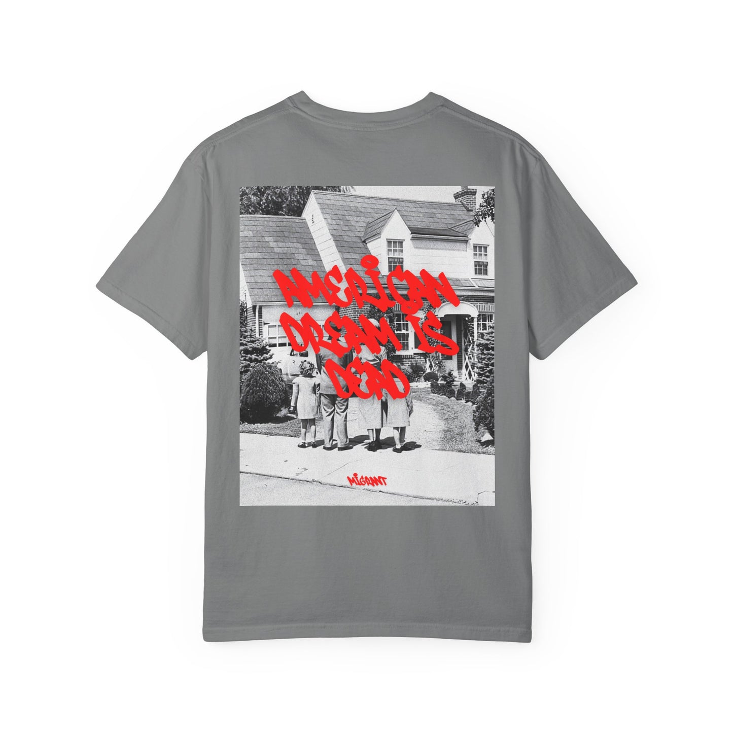 Graphic T‑Shirt — Vintage Photo Back with Red Graffiti "Religion Divides Us"