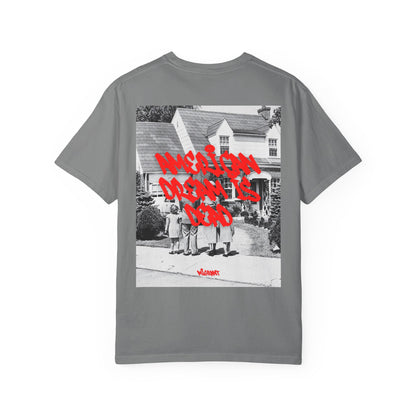 Graphic T‑Shirt — Vintage Photo Back with Red Graffiti "Religion Divides Us"