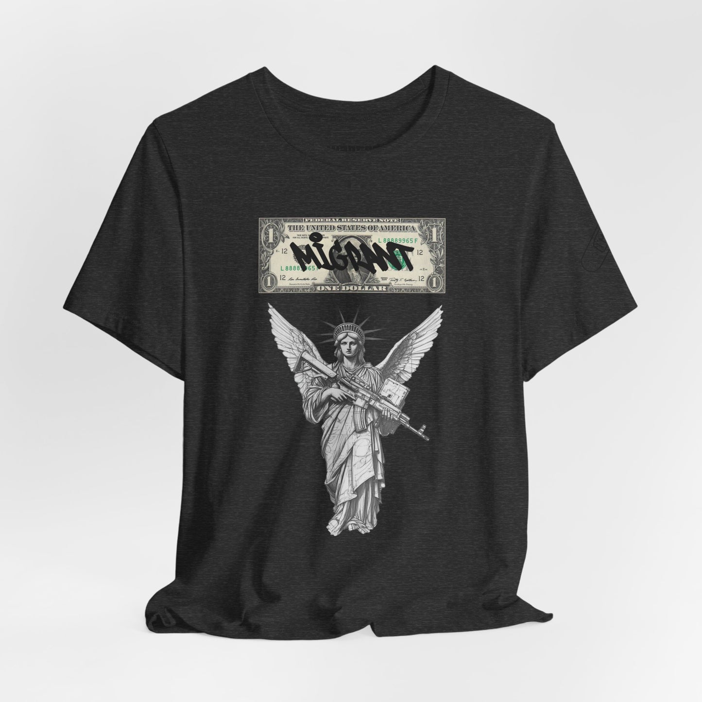 Statue of Liberty Angel Tee — 'MIGRANTS' Dollar Graphic Short Sleeve