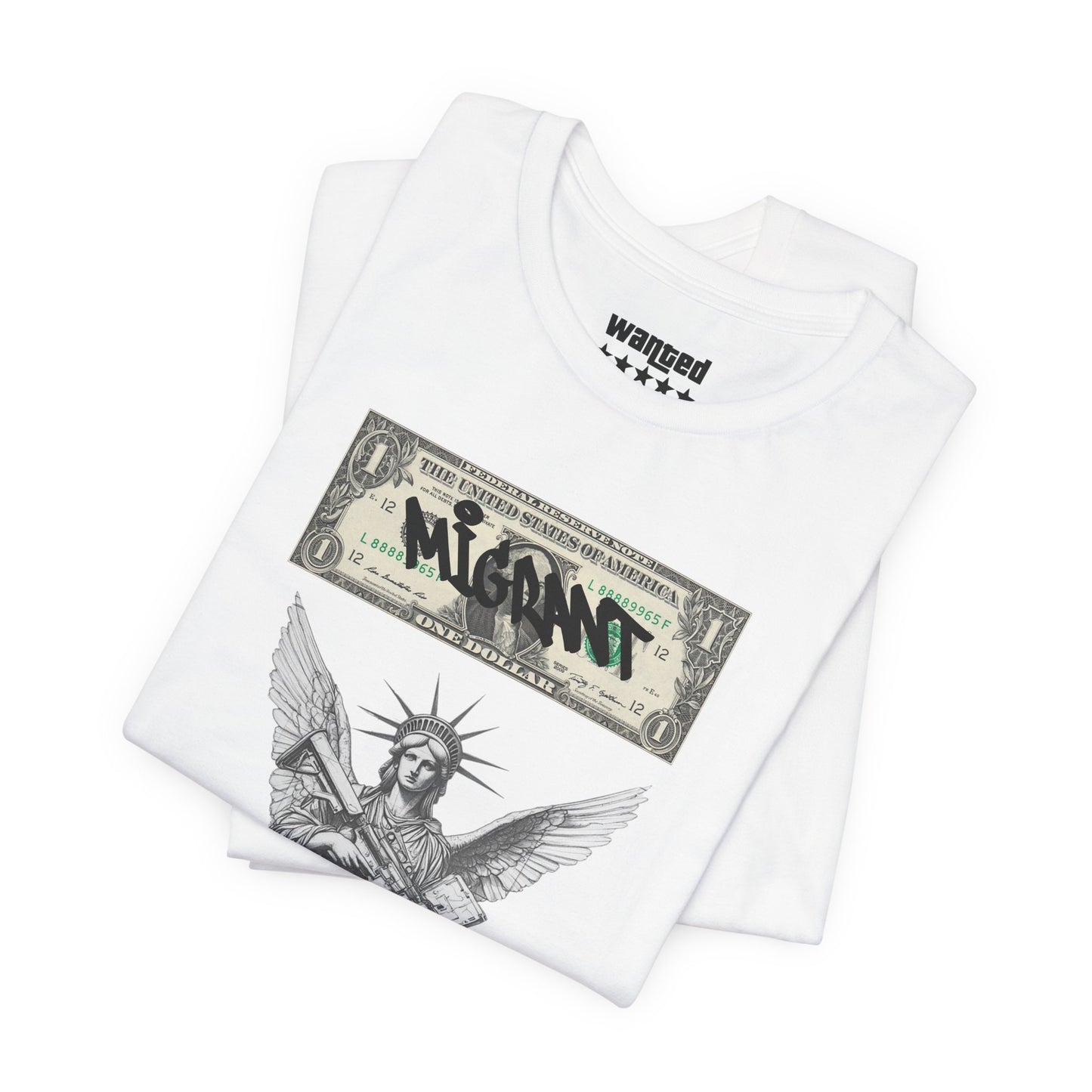 Statue of Liberty Angel Tee — 'MIGRANTS' Dollar Graphic Short Sleeve