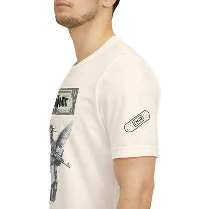 Statue of Liberty Angel Tee — 'MIGRANTS' Dollar Graphic Short Sleeve