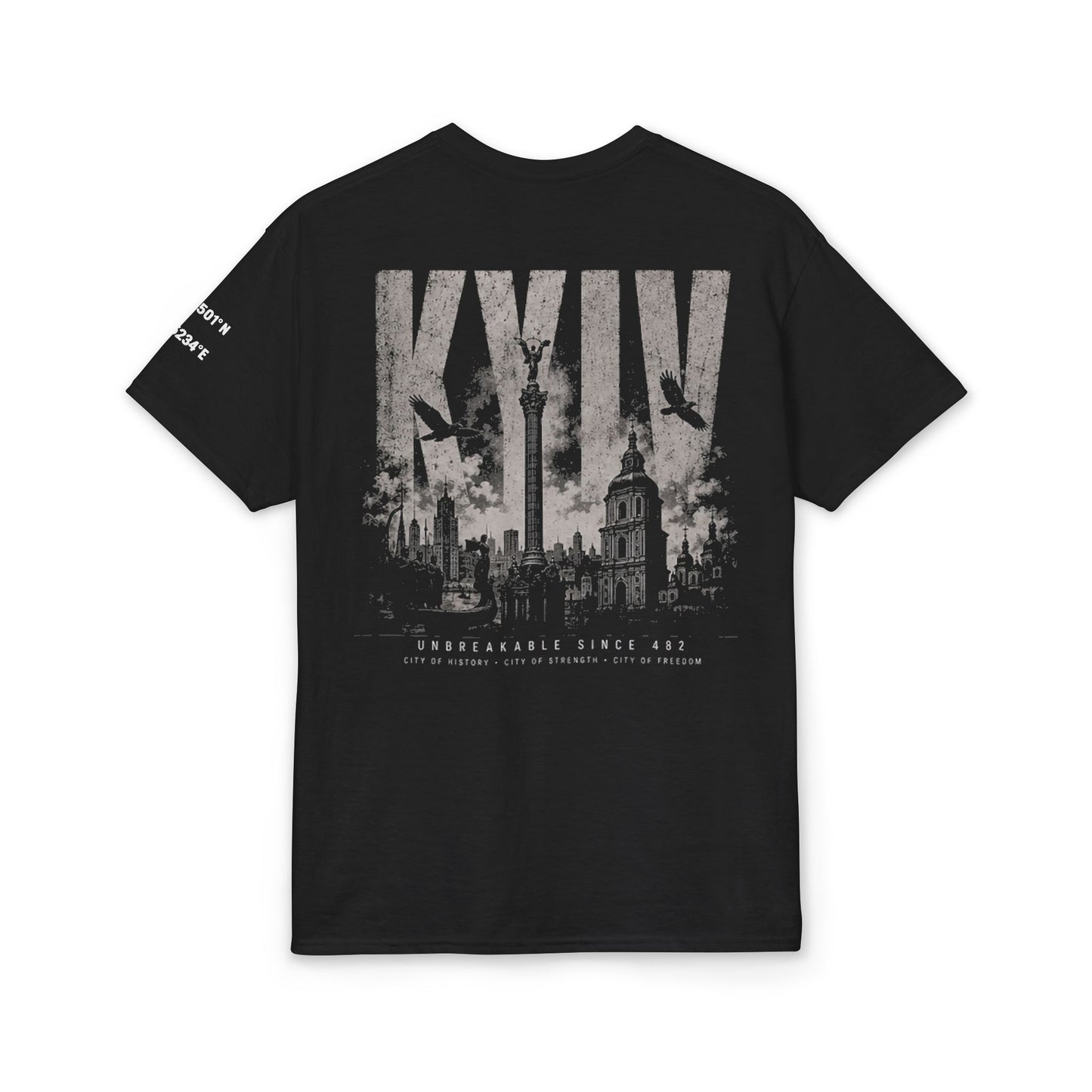 Kyiv Graphic T-Shirt — City Skyline Tribute Tee (front logo, back Kyiv design)