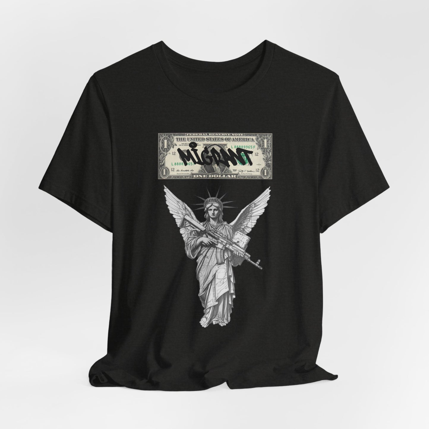 Statue of Liberty Angel Tee — 'MIGRANTS' Dollar Graphic Short Sleeve