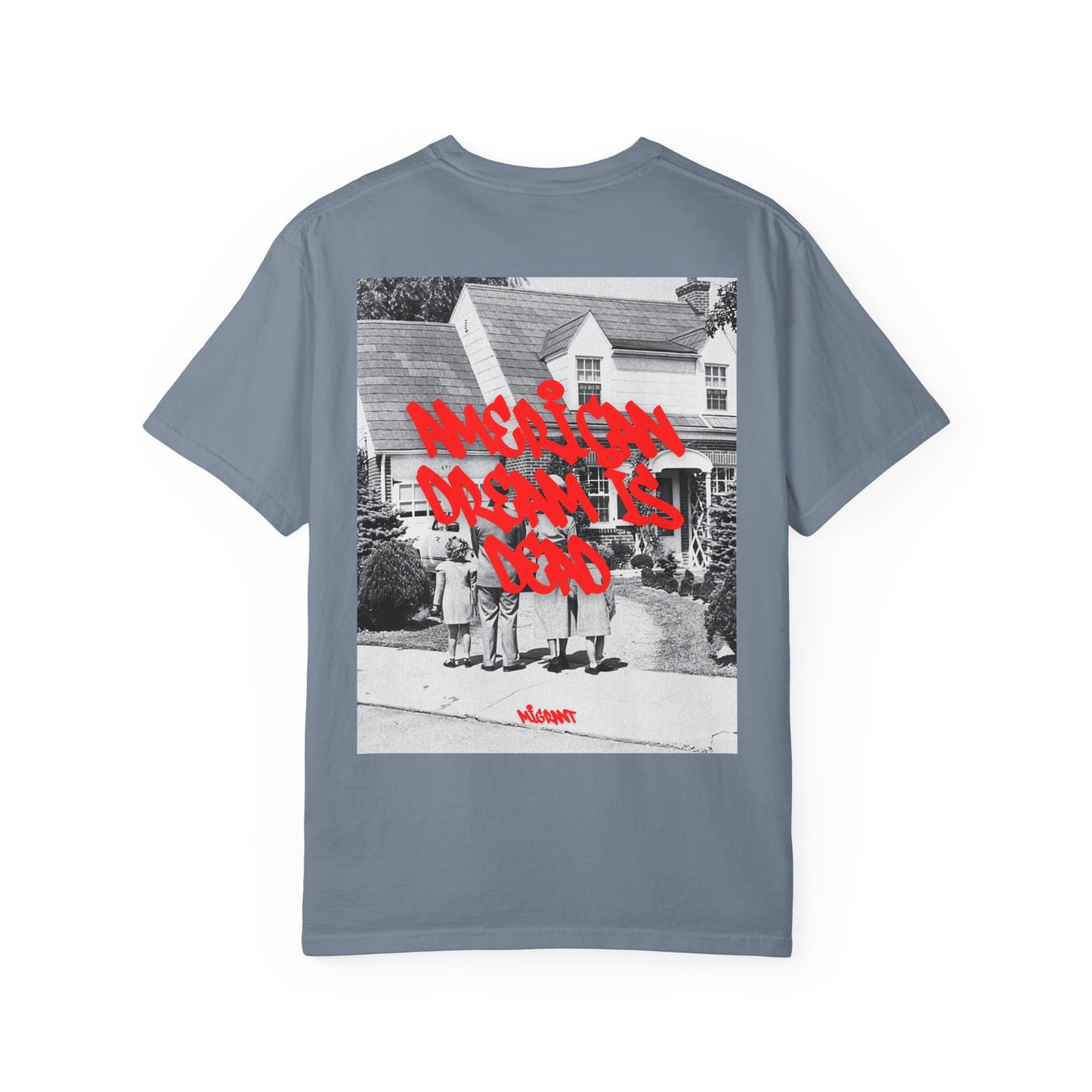 Graphic T‑Shirt — Vintage Photo Back with Red Graffiti "Religion Divides Us"