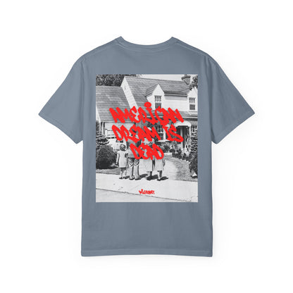 Graphic T‑Shirt — Vintage Photo Back with Red Graffiti "Religion Divides Us"