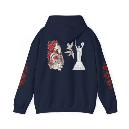 Ukrainian Pride Hoodie — Vyshyvanka Floral Sleeve & Independence Monument Design