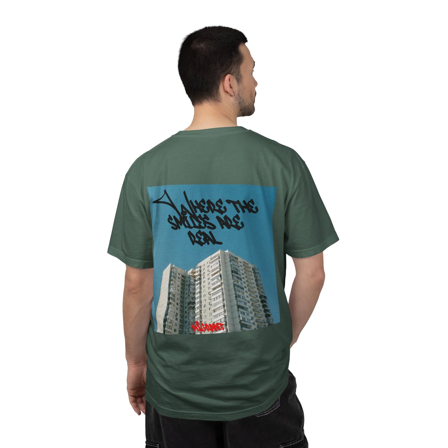 Photo Backprint T‑Shirt — Urban Graffiti 'Across the Skies Not Real' Streetwear