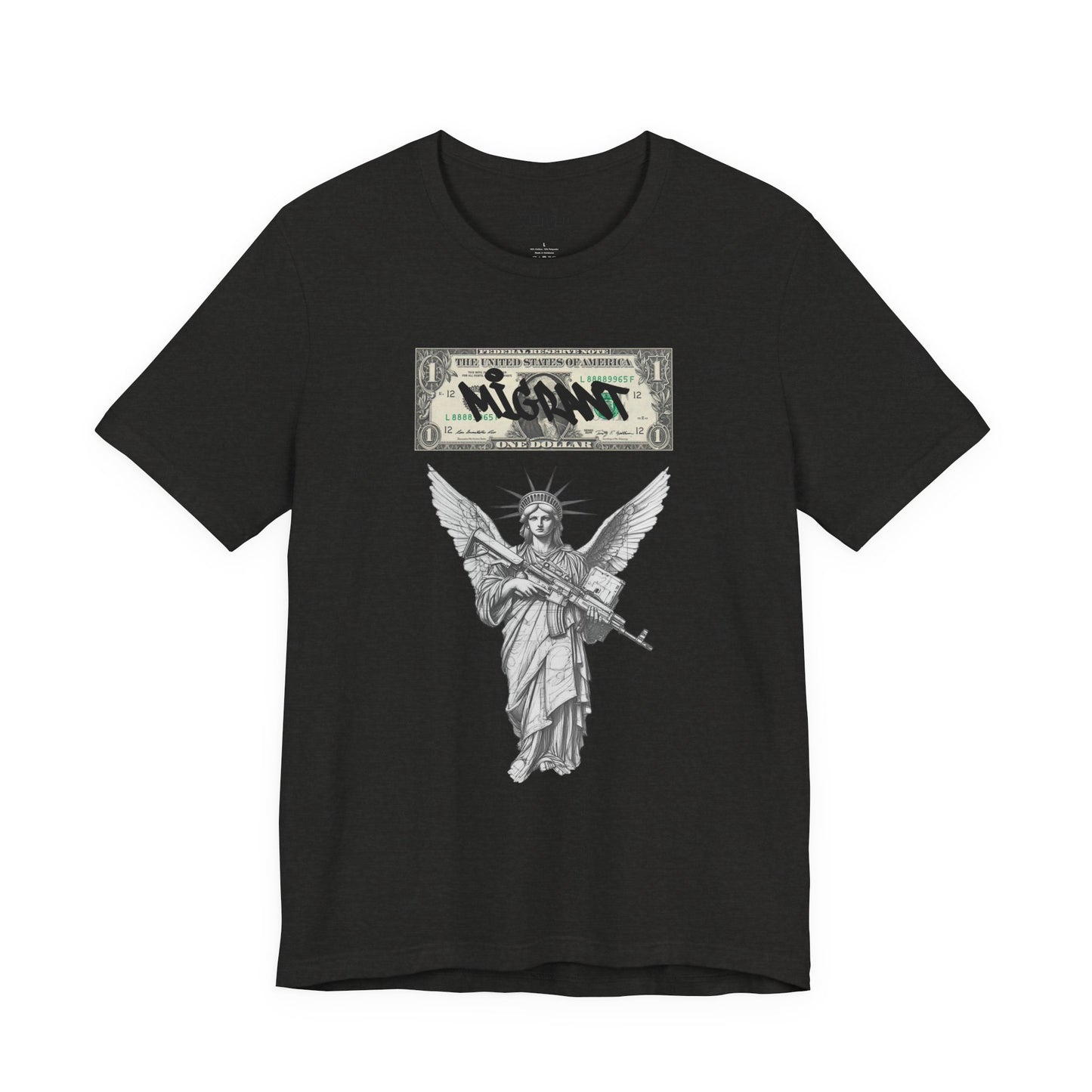 Statue of Liberty Angel Tee — 'MIGRANTS' Dollar Graphic Short Sleeve