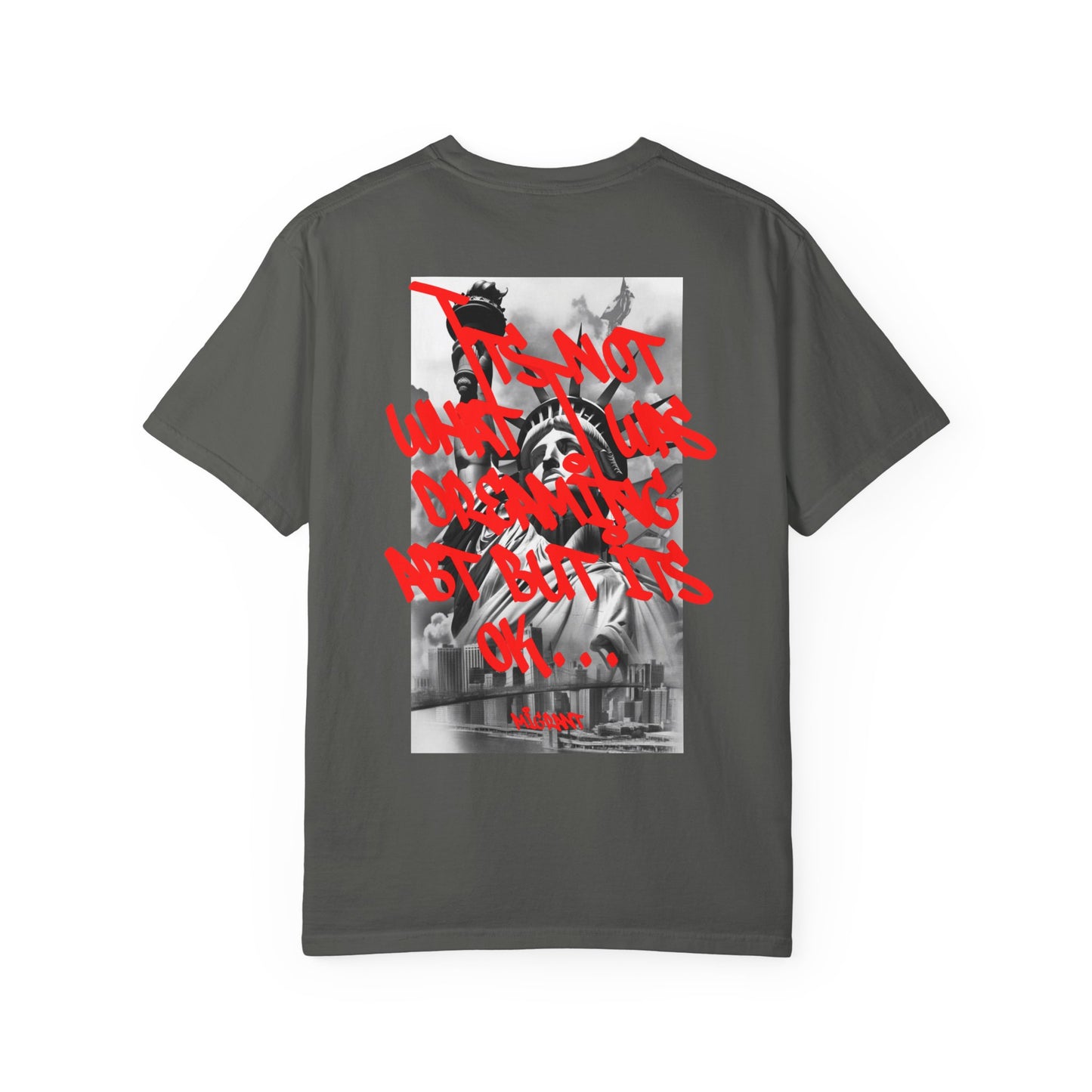 T-Shirt — Statue of Liberty Graphic Tee with Red Script "I'm Not Worried" Back Print
