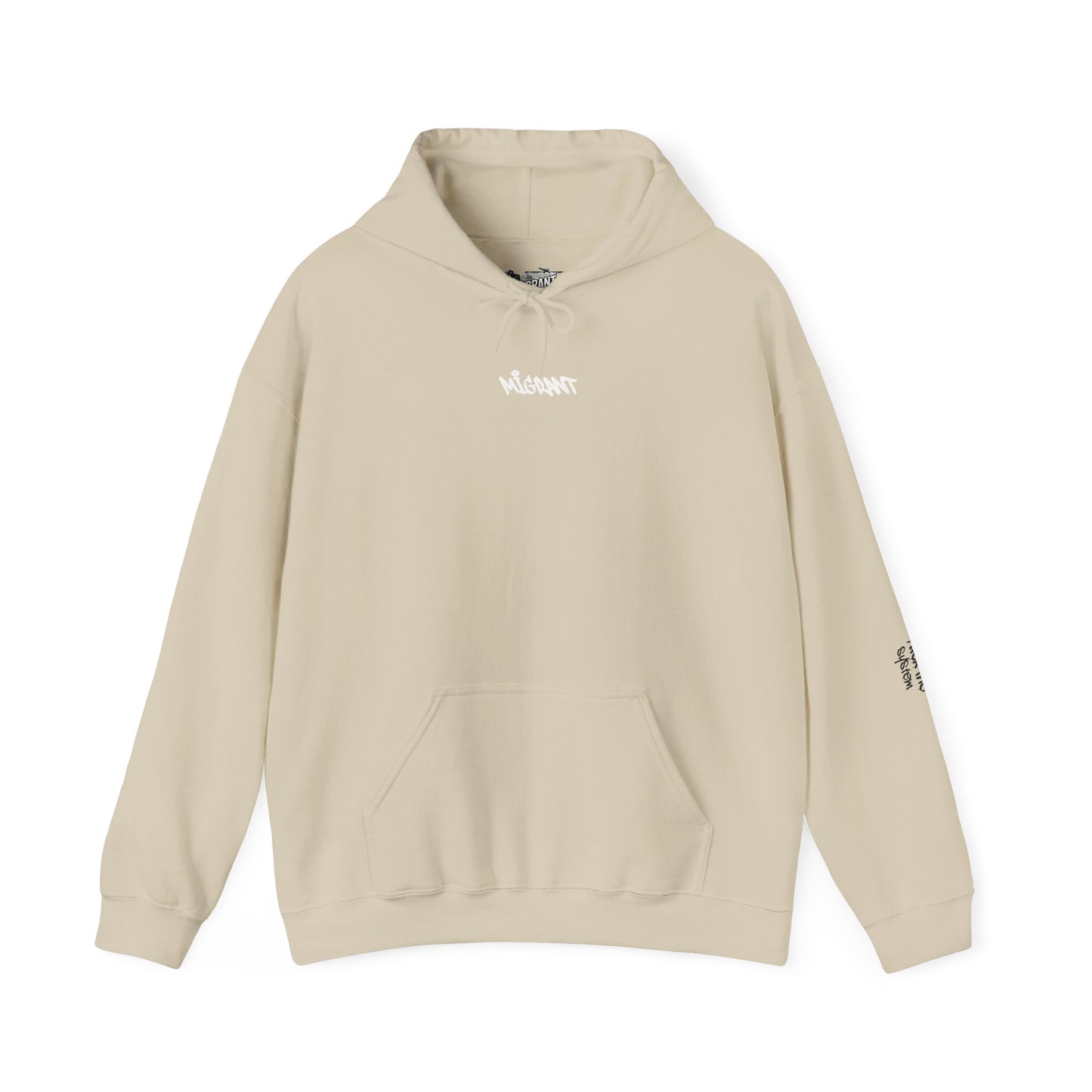 Hoodie • Circular 'Mugman Shop' Collage Logo Back — Minimal Chest Script