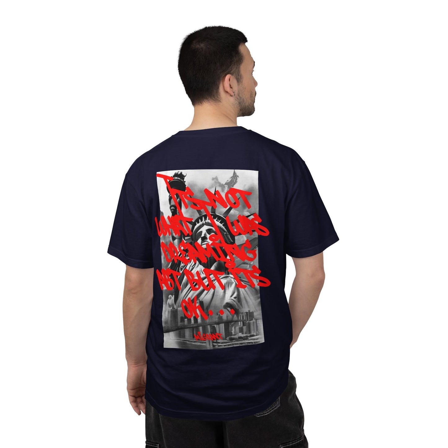 T-Shirt — Statue of Liberty Graphic Tee with Red Script "I'm Not Worried" Back Print