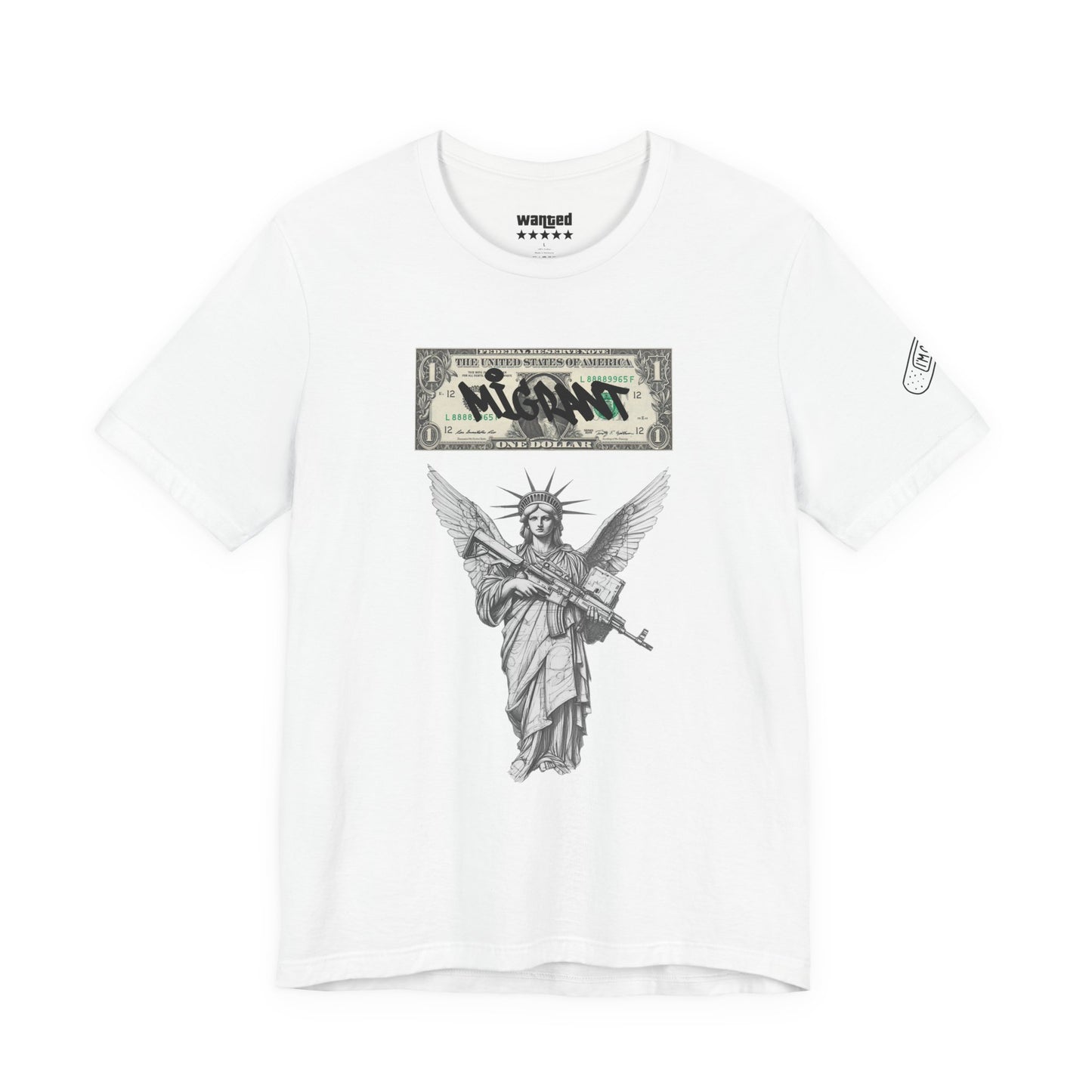 Statue of Liberty Angel Tee — 'MIGRANTS' Dollar Graphic Short Sleeve